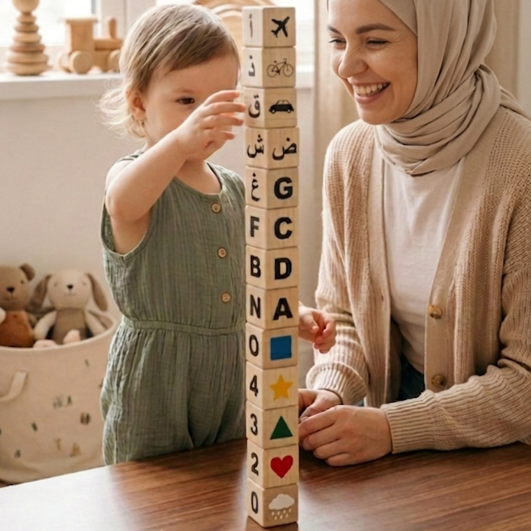 مجموعة مكعبات التعلم الذكية   -   15 مكعبًا خشبيًا • 90 وجهًا تعليميًا • بطاقات تحدي تفاعلية